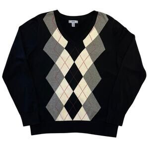 Izod Argyle Sweater Womens Size L Black Gray V Neck Career Preppy Dark Academia